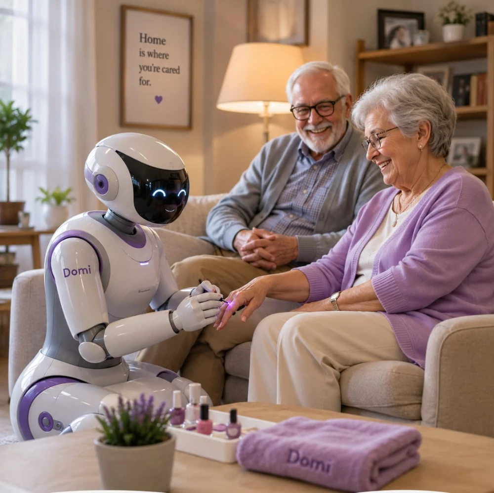Concept illustration: a Domi robot doing an older woman’s nails in her living room, sitting next to her partner.